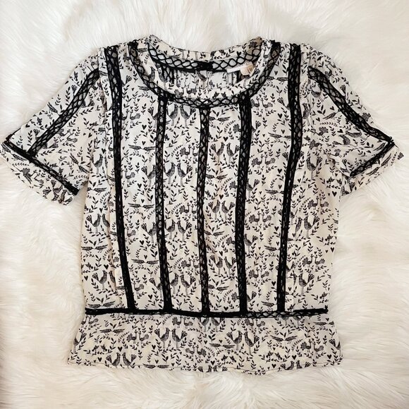 Anthropologie Meadow Rue Cream Black Faison Bird Print Short Sleeve Blouse Top - Picture 2 of 8